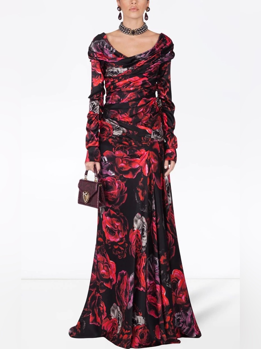 Dolce & Gabbana Black Red Floral Draped Maxi Dress, Italy Size 44